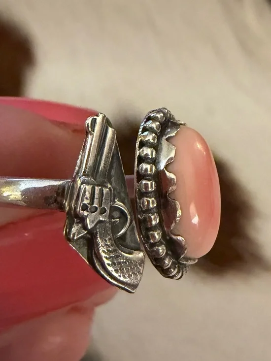 ❤️ Queen Pink Conch Gun Revolver Sterling Western By-Pass Floater Ring Adj 7.75+ - Picture 6 of 15